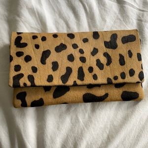 Beirn hair calf leopard clutch with detachable chain